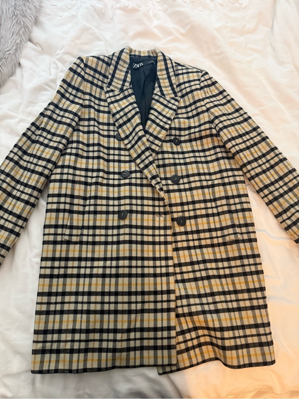 Zara Plaid Wool-Blend Blazer in Beige, Black & Mustard